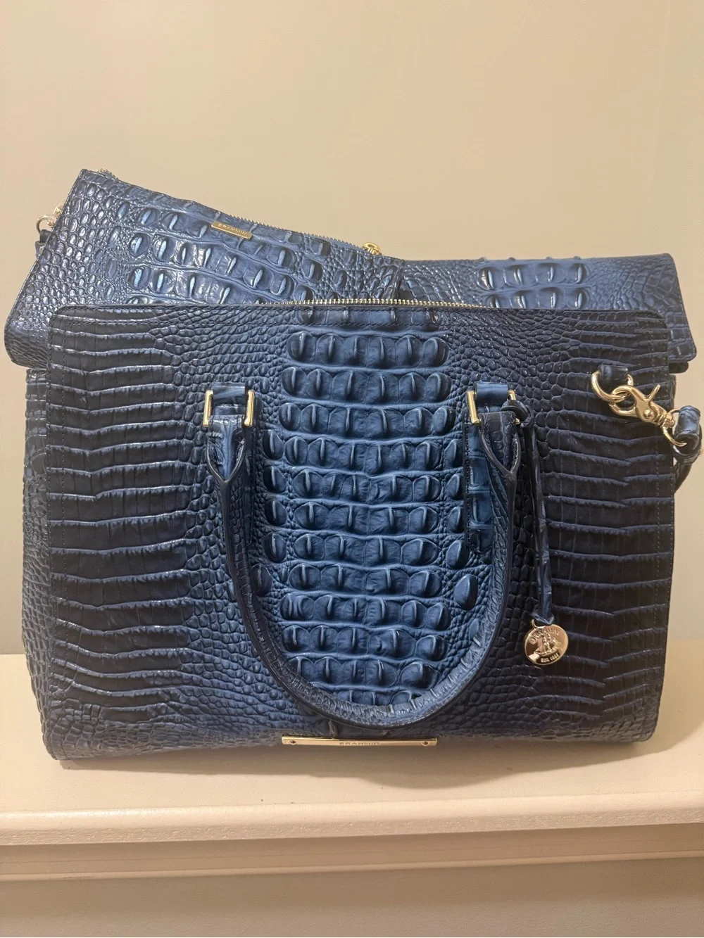Brahmin Finley Deep Navy Croc-Embossed Tote with Matching Daisy pouch and wallet - Picture 2 of 15